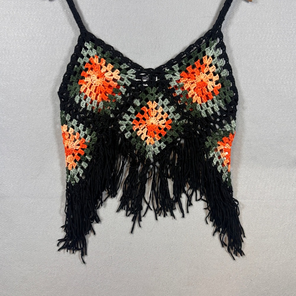 Crochet Granny Square Fringe Crop Top Black Orange Green Festival Boho Hippie S